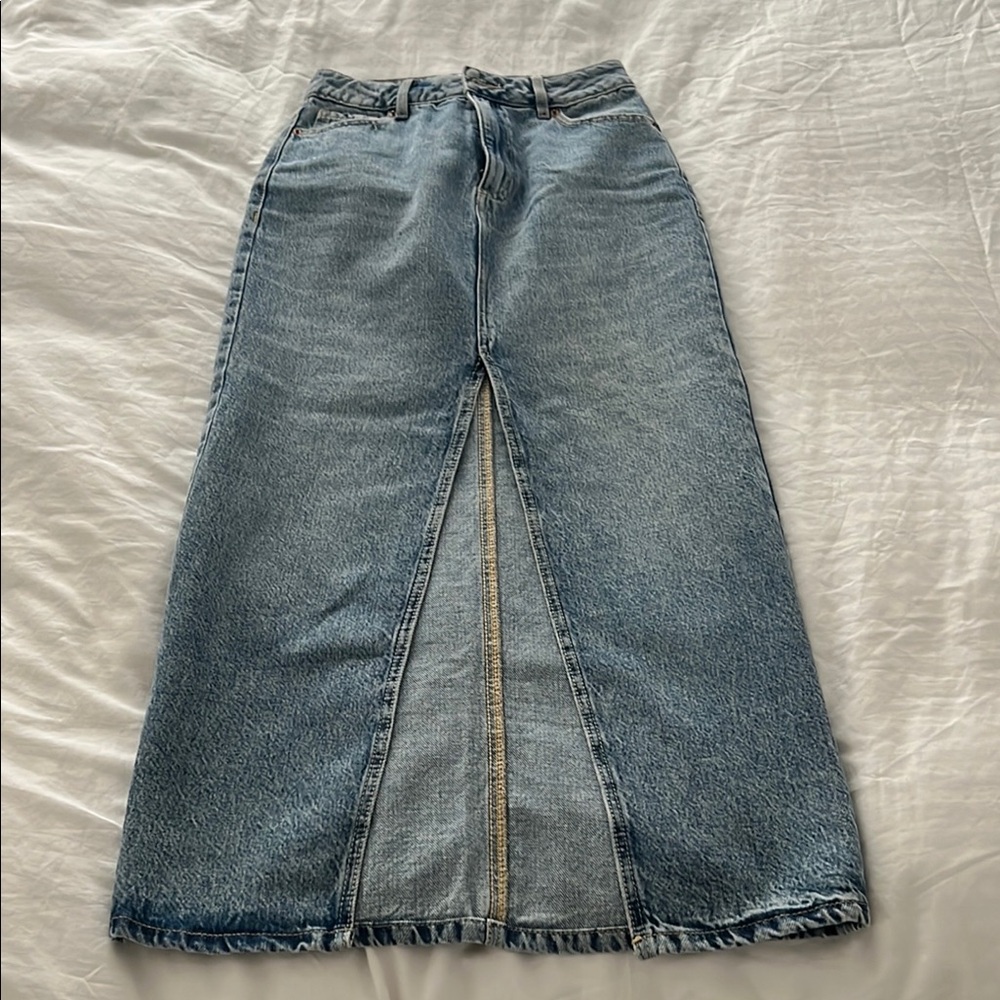 Classic Blue Denim Maxi Skirt with Front Slit